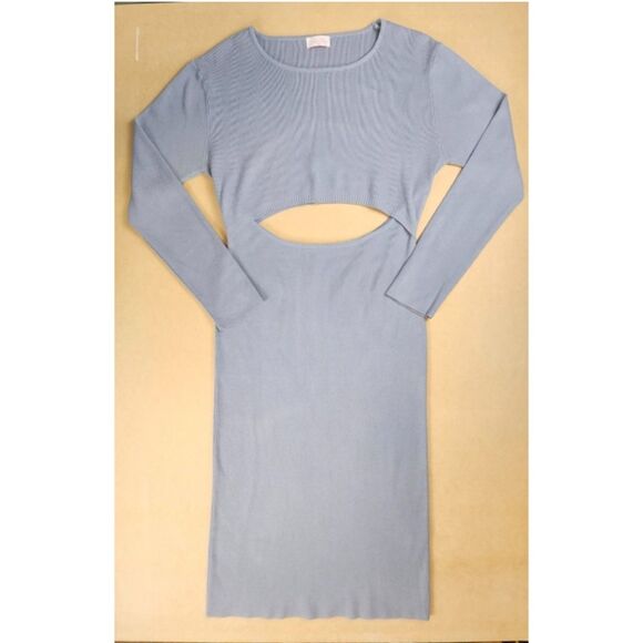 Pink Lily Sweater Dress Light Blue Ribbed Knit Cutout Long Sleeve Bodycon Medium - Picture 1 of 10